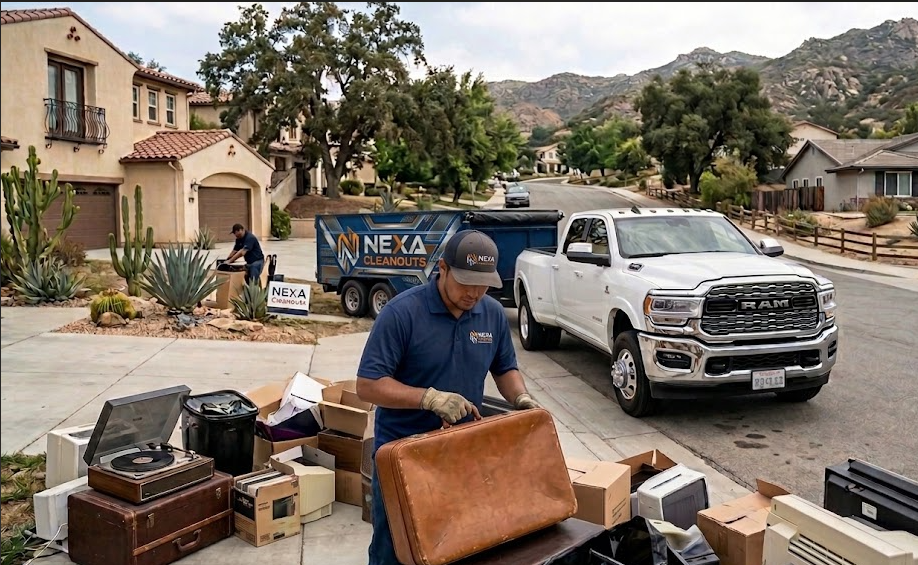 NexaCleanouts crew loading a residential driveway cleanout in Murrieta with branded RAM truck and dump trailer