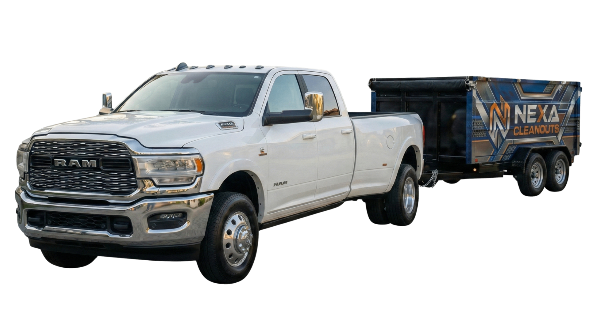 NexaCleanouts branded RAM truck and dump trailer — professional junk removal in Murrieta, Temecula, and Southwest Riverside County